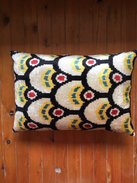 Black Yellow Ikat Pillow Cover - Handwoven Velvet Silk Uzbek Accent Throw Cushion Cover - image 1