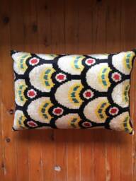 Black Yellow Ikat Pillow Cover - Handwoven Velvet Silk Uzbek Accent Throw Cushion Cover - thumbnail 1