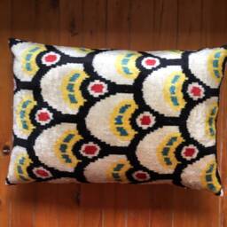 Black Yellow Ikat Pillow Cover - Handwoven Velvet Silk Uzbek Accent Throw Cushion Cover - thumbnail 2