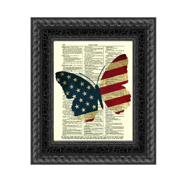 Patriotic Stars & Stripes Butterfly Print On An Upclycled 1897 Dictionary Page Wall Decor, July 4Th, American Celebration - image 1