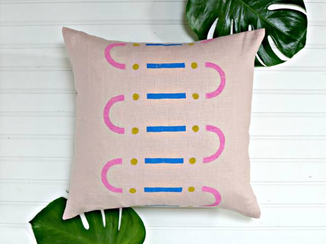 Pink Linen Block Printed Pillow Cover // Blush Mustard Electric Blue Wiggles Lines Dots Modern Memphis Millennial Pastel Arch Yellow - image 1