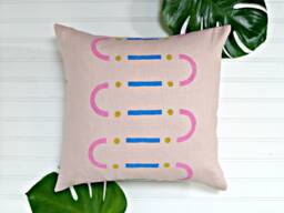 Pink Linen Block Printed Pillow Cover // Blush Mustard Electric Blue Wiggles Lines Dots Modern Memphis Millennial Pastel Arch Yellow - thumbnail 1