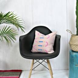 Pink Linen Block Printed Pillow Cover // Blush Mustard Electric Blue Wiggles Lines Dots Modern Memphis Millennial Pastel Arch Yellow - thumbnail 3