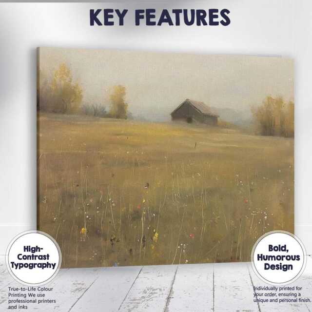 Misty Countryside Barn Meadow Minimalist Rural Landscape Canvas Wall Art Print Decor Picture Ready To Hang - image 1