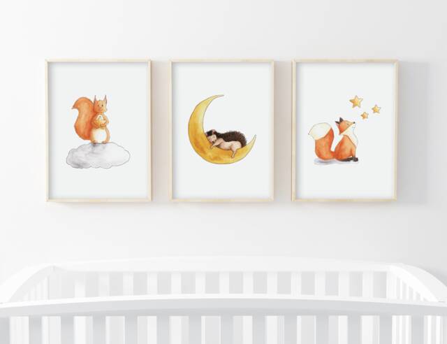 Set Of 3 Children's Posters Fox, Hedgehog, Squirrel, Among The Stars, Nursery Decor, Baby Room Decoration, Handmade Watercolor Posters - image 1