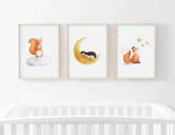 Set Of 3 Children's Posters Fox, Hedgehog, Squirrel, Among The Stars, Nursery Decor, Baby Room Decoration, Handmade Watercolor Posters - thumbnail 1