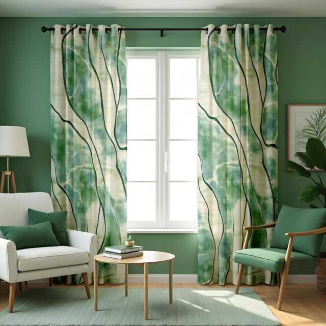 Green Abstract Curtains, Watercolor Artistic Pattern Custom Made Drapes, Eyelet Or Rod Pocket Panels - image 1