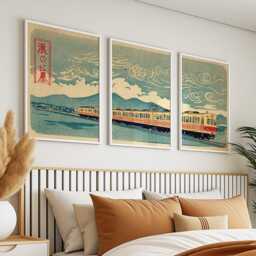 Japanese Woodblock Train Art Set Of 3 Posters - Vintage Railway Triptych Coastal Landscape Wall - thumbnail 2