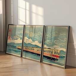 Japanese Woodblock Train Art Set Of 3 Posters - Vintage Railway Triptych Coastal Landscape Wall - thumbnail 3
