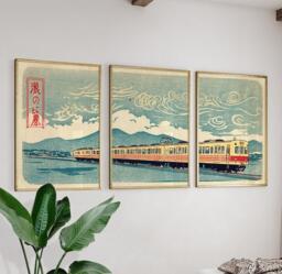 Japanese Woodblock Train Art Set Of 3 Posters - Vintage Railway Triptych Coastal Landscape Wall - thumbnail 1