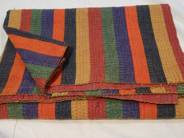 Indian Cotton Patchwork Kantha Quilt Colorful Hand Block Print Sari Blanket Queen Size Bedspread Throw - image 1
