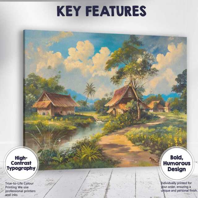 Traditional Riverside Village Tropical Landscape Painting Canvas Wall Art Print Decor Picture Ready To Hang - image 1