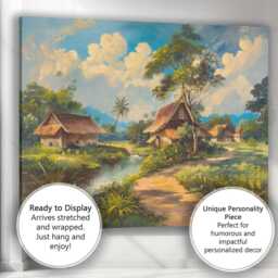 Traditional Riverside Village Tropical Landscape Painting Canvas Wall Art Print Decor Picture Ready To Hang - thumbnail 3