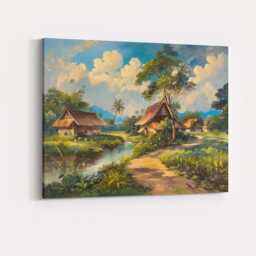 Traditional Riverside Village Tropical Landscape Painting Canvas Wall Art Print Decor Picture Ready To Hang - thumbnail 4