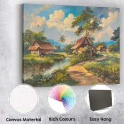 Traditional Riverside Village Tropical Landscape Painting Canvas Wall Art Print Decor Picture Ready To Hang - thumbnail 2
