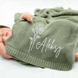 Custom Embroidered Baby Name Blanket Organic Cotton Knit, Nursery Gift - thumbnail 2