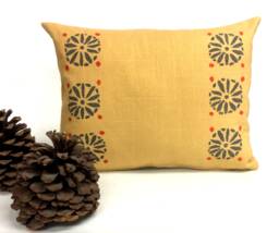 Hand Printed Linen Pillow Mustard Geometric Block Print, Tuscan Style - thumbnail 1