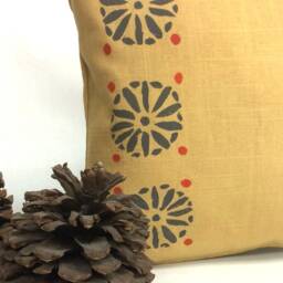Hand Printed Linen Pillow Mustard Geometric Block Print, Tuscan Style - thumbnail 3