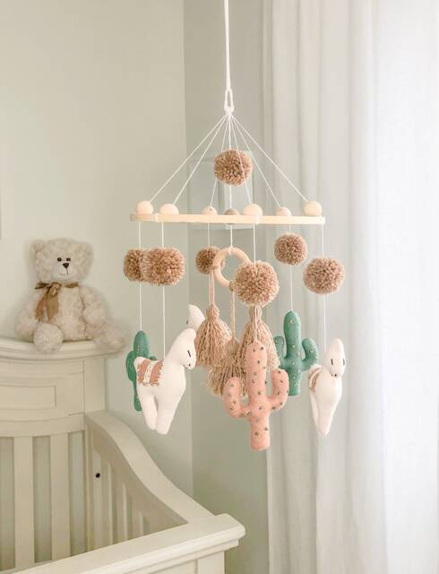 Baby Mobile/ Llama Alpaca Girl Boy Cactus Mobile/ Felt Crib Shower Gift - image 1