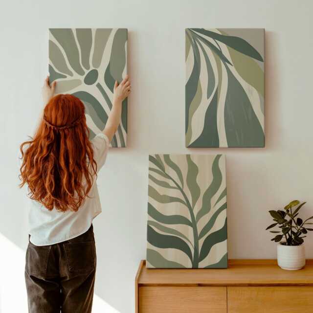 Canvas Art Set Of 3 - Painted Leaf Illustrations in Shades Green, Green Picture Print, Plants & Flowers Wall Decor - image 1