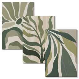 Canvas Art Set Of 3 - Painted Leaf Illustrations in Shades Green, Green Picture Print, Plants & Flowers Wall Decor - thumbnail 2