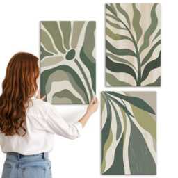 Canvas Art Set Of 3 - Painted Leaf Illustrations in Shades Green, Green Picture Print, Plants & Flowers Wall Decor - thumbnail 3