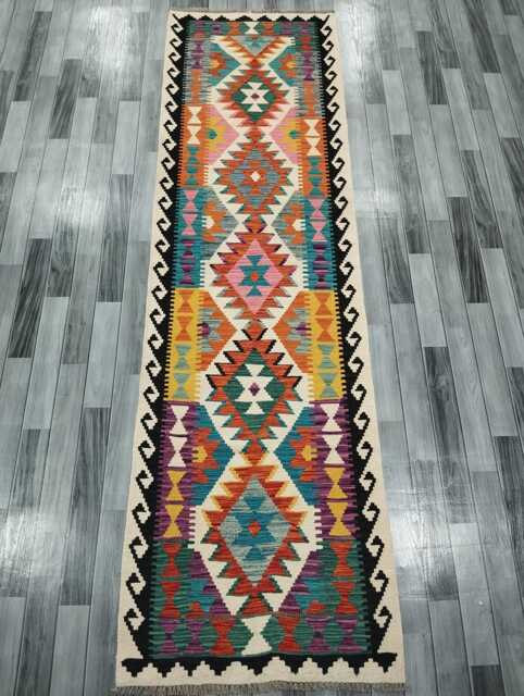 Runner Rug Multicolour, Handmade Artisan Afghan Turkish Scandinavian Navajo Bohemian Flatweave Wool Multicolour Kilim 297x85 cm - image 1