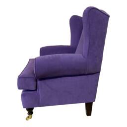 Queen Anne Wingback Chair Violet Soft Touch Fabric, Brass Castor Legs - thumbnail 2