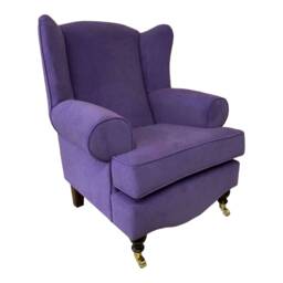 Queen Anne Wingback Chair Violet Soft Touch Fabric, Brass Castor Legs - thumbnail 1