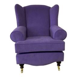 Queen Anne Wingback Chair Violet Soft Touch Fabric, Brass Castor Legs - thumbnail 4