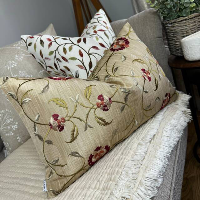 "Floral Cushion Cover, Beige Brown Red Pillow Sofa Lumbar Case, 12"" X 20"