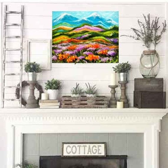 Tuscany Impasto Landscape Purple Yellow Flowers Field Painting Original Oil Canvas, Mountains Wall Art, Large Bedroom Floral Canvas - image 1