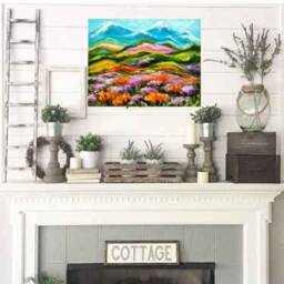 Tuscany Impasto Landscape Purple Yellow Flowers Field Painting Original Oil Canvas, Mountains Wall Art, Large Bedroom Floral Canvas - thumbnail 1