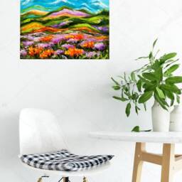 Tuscany Impasto Landscape Purple Yellow Flowers Field Painting Original Oil Canvas, Mountains Wall Art, Large Bedroom Floral Canvas - thumbnail 3