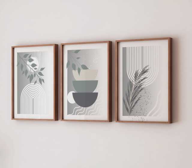 Grey Boho Living Room Or Bedroom Wall Prints Set, Abstract Botanical Home Decor - image 1