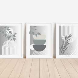 Grey Boho Living Room Or Bedroom Wall Prints Set, Abstract Botanical Home Decor - thumbnail 2