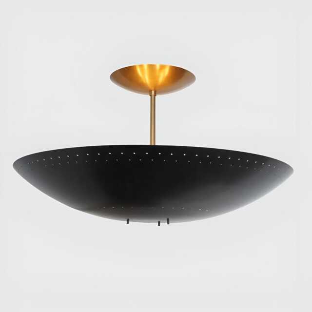 Mid Century Modern Black Brass Flush Mount Ceiling Light - Vintage Perforated Dome Semi Chandelier Fixture - image 1