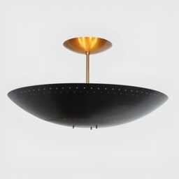 Mid Century Modern Black Brass Flush Mount Ceiling Light - Vintage Perforated Dome Semi Chandelier Fixture - thumbnail 1
