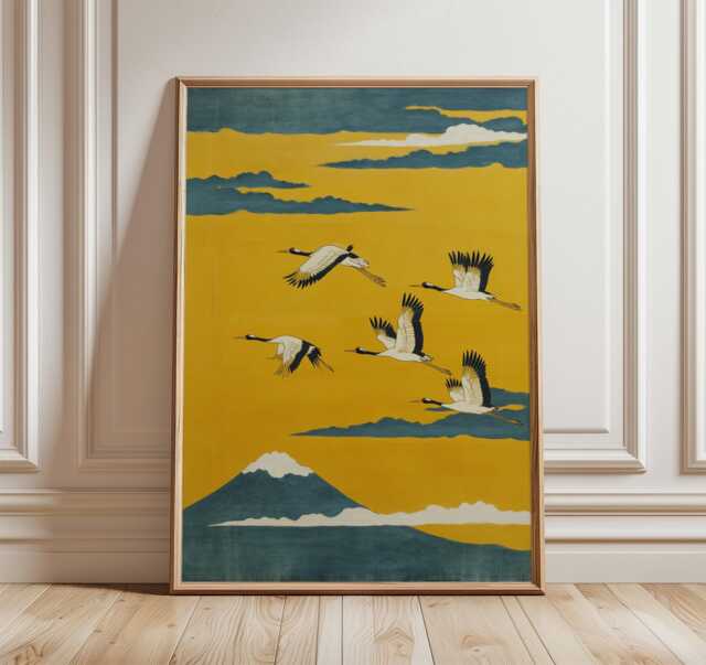 Geese Landscape Poster, Japanese Style Wall Art, Yellow Mountain Print - image 1