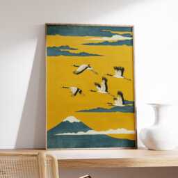 Geese Landscape Poster, Japanese Style Wall Art, Yellow Mountain Print - thumbnail 2