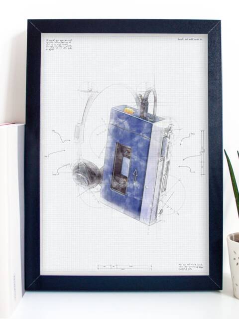 Walkman Blueprint Poster - Retro 80S Cassette Player Sketch Art Print - image 1