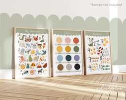 Set Of 3 Educational Learning Prints, Colours Print, Alphabet & Numbers Chart, Playroom Prints - thumbnail 1