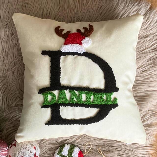 Punch Needle Embroidered Christmas Pillow, Personalized Name, New Year Decor - image 1