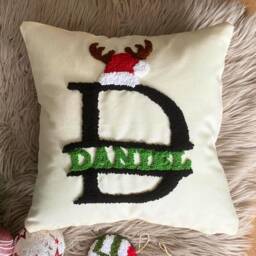 Punch Needle Embroidered Christmas Pillow, Personalized Name, New Year Decor - thumbnail 1