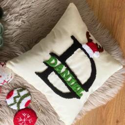 Punch Needle Embroidered Christmas Pillow, Personalized Name, New Year Decor - thumbnail 3