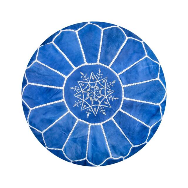 Moroccan Leather Pouf Boho - Handmade Blue Delivered Stuffed Ottoman, Footstool, Floor Cushion Leather Pouffe - Sky Blue - image 1
