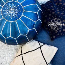 Moroccan Leather Pouf Boho - Handmade Blue Delivered Stuffed Ottoman, Footstool, Floor Cushion Leather Pouffe - Sky Blue - thumbnail 2