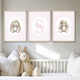 Set 3 Bunny Nursery Prints, Vintage Baby Girl Room Decor, Custom Name Wall Art - thumbnail 1