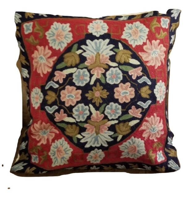 "Handmade Wool Embroidered Floral Cushion Cover - 16""x16" - image 1