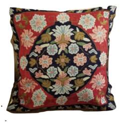 "Handmade Wool Embroidered Floral Cushion Cover - 16""x16" - thumbnail 1